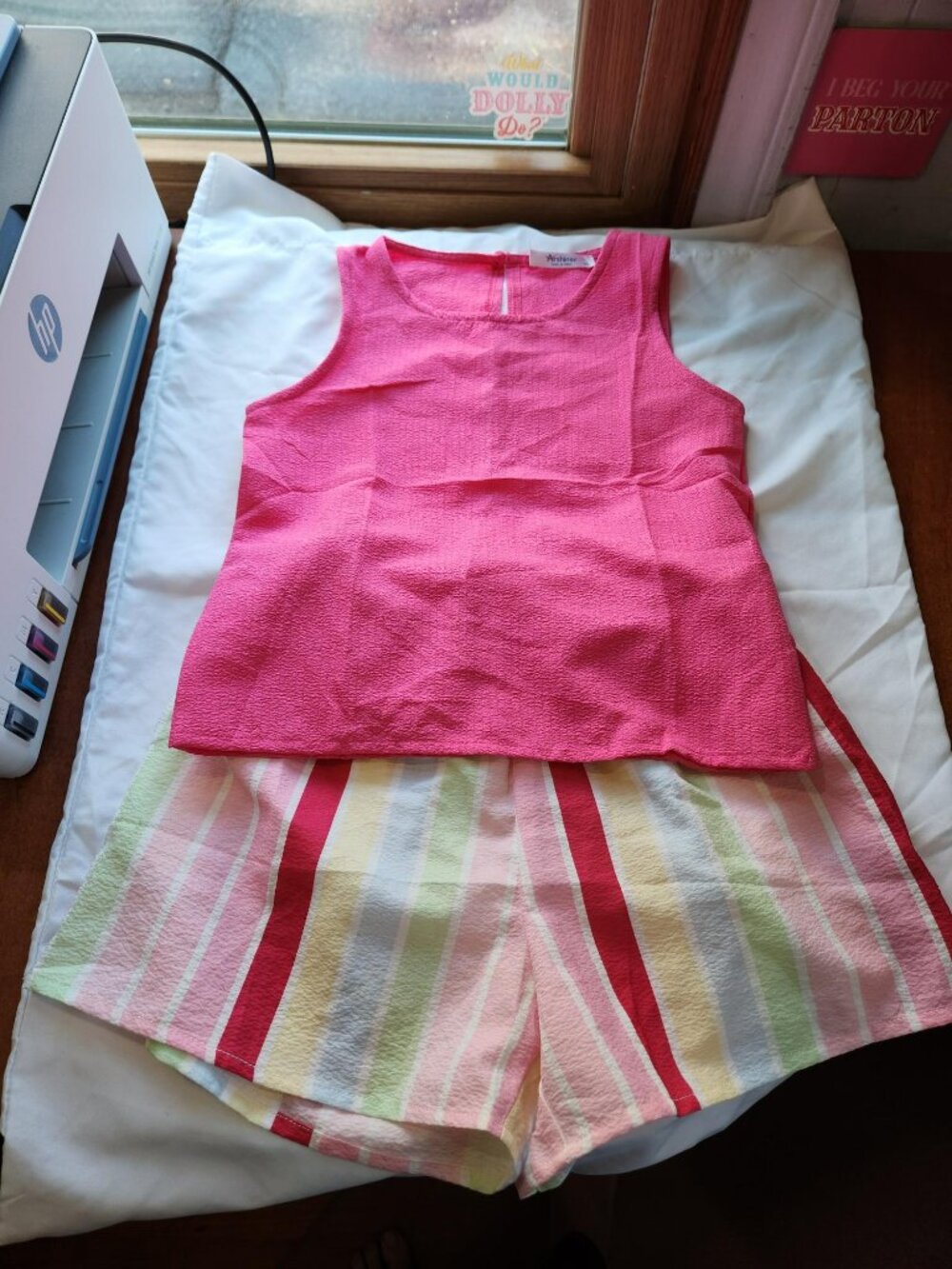Girls 2 Piece Outfit Set 7-8 Pink Tank & Pastel Stripe Shorts